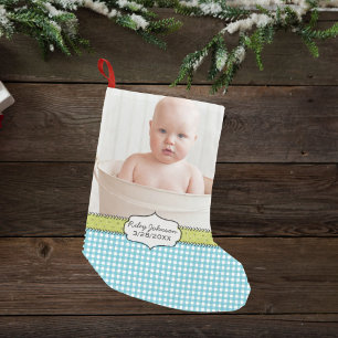 Individuelles Foto mit Namen und Geburtstagsandenk Kleiner Weihnachtsstrumpf