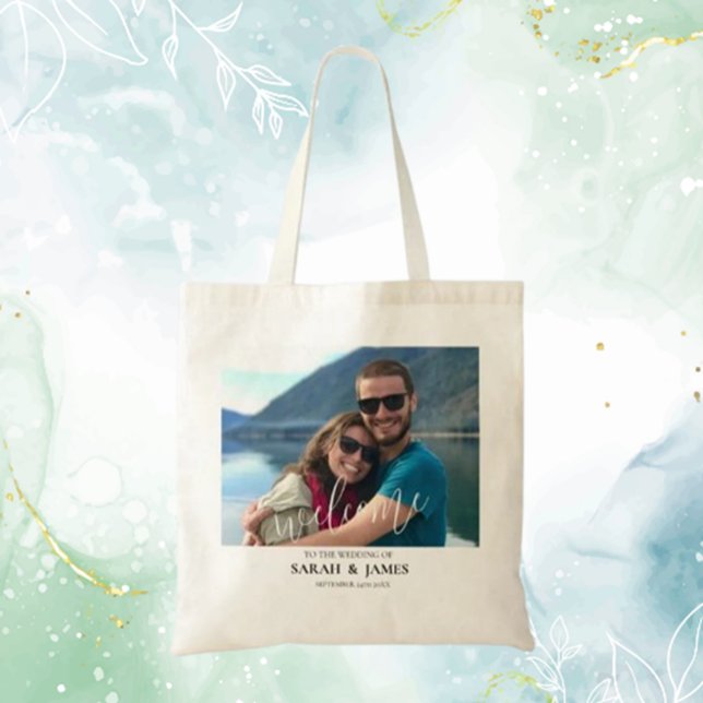 Individuelles Foto Moderne Entspannte Hochzeit Wil Tragetasche (Create a heartfelt first impression with a custom photo modern relaxed wedding welcome tote bag. )
