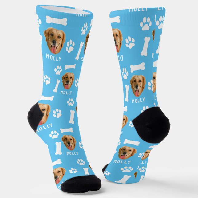 Individuelles Hunde-Foto & Name Blau Socken (Gewinkelt)