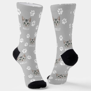 Individuelles Katzenfoto & Name Grau Socken