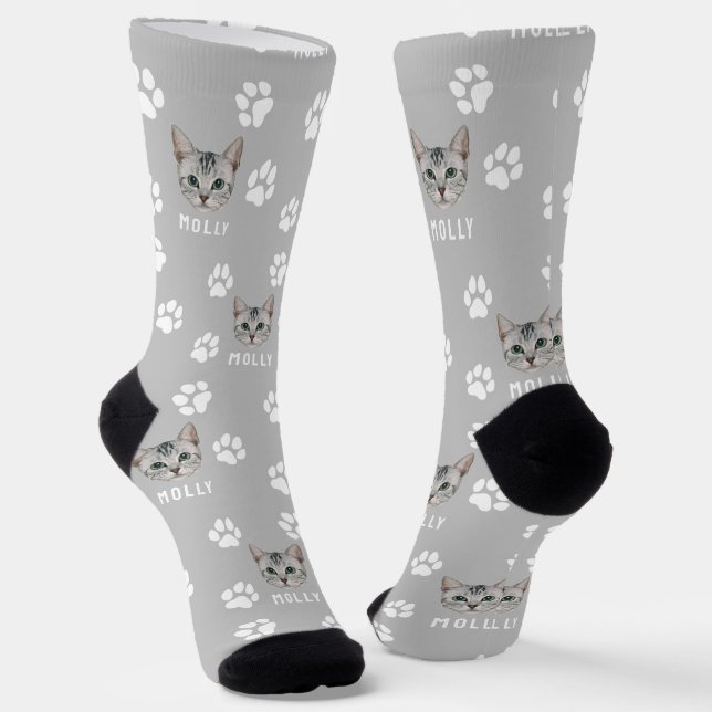 Individuelles Katzenfoto & Name Grau Socken (Gewinkelt)