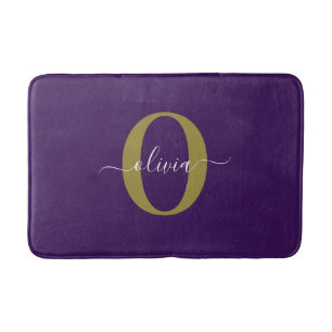 Individuelles Monogramm-Schriftname Lila Weiß Gold Badematte