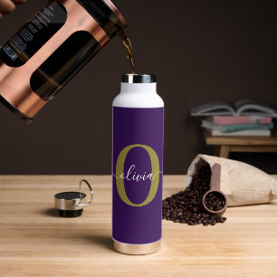 Individuelles Monogramm-Schriftname Lila Weiß Gold Trinkflasche