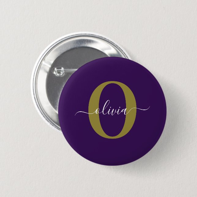 Individuelles Monogramm-Skript Name Lila Weiß Gold Button (Vorne & Hinten)