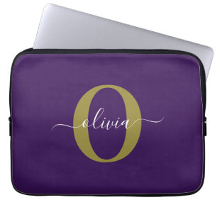Individuelles Monogramm-Skript Name Lila Weiß Gold Laptopschutzhülle