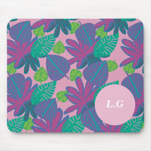 Individuelles Monogramm tropisches Rosa farbenfroh Mousepad (Vorne)