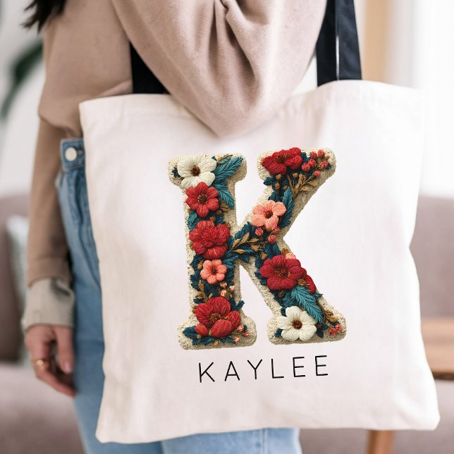 Individuelles Vintage-Botanik-Monogramm-Geschenk f Tragetasche (Romantic Meadow Flower Alphabet Tote for Sister | Minimalist Floral Monogram Tote for Best Friend)