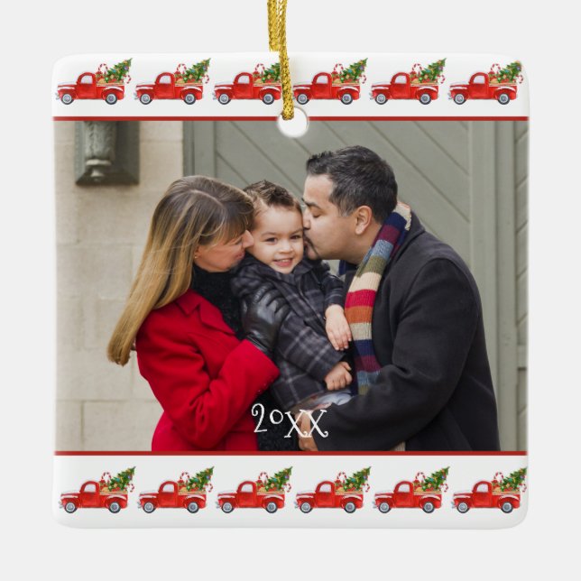 Individuelles zweiseitiges Foto Red Truck Weihnach Keramikornament (Vorderseite)