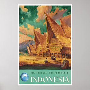Indonesien Kunst Sumatra Reiseplakat Batak-Dorf Poster
