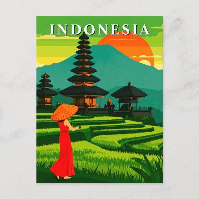 Indonesien Sunset Tempel und Reisterrassen Postkarte (Vorderseite)