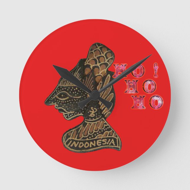 Indonesisch Shadow Puppet Hospho Design auf roter  Runde Wanduhr (Vorderseite)