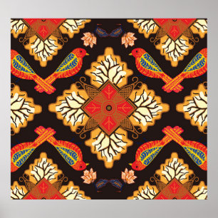 Indonesische Batik: Flora Fauna motif. Poster