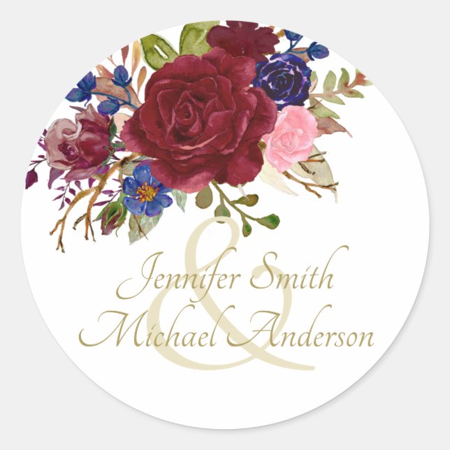 Indulgent Burgundy Royal Blue Pink Roses Wedding Runder Aufkleber (Vorderseite)