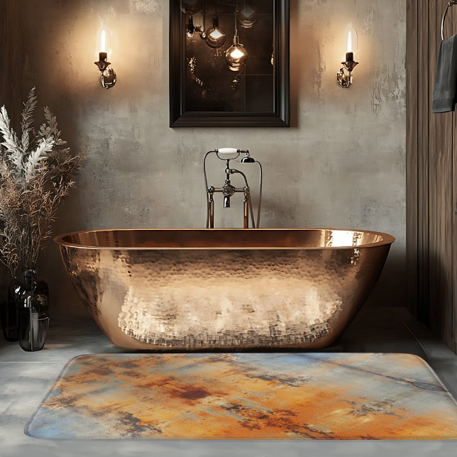 Industrial Abstrakt Terra Cotta Blue Gray Badematte (Abstract industrial design bath mat in blue grey with terra cotta colors.)