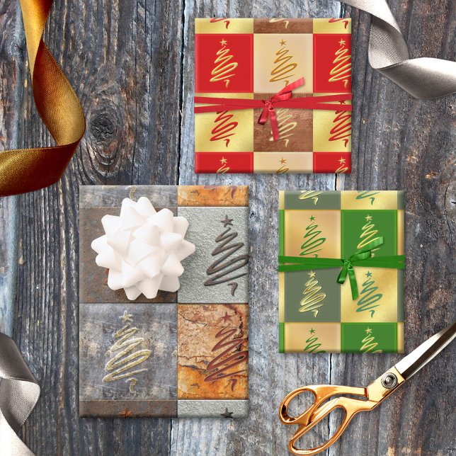 Industrial Modern Abstrakt Art Patterns Weihnachte Geschenkpapier Set (Modern industrial design Christmas wrapping paper sheets with a festive stylized Christmas tree)