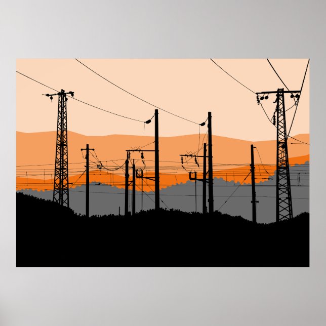 Industrial Sunset Silhouette Power Lines Poster (Vorne)