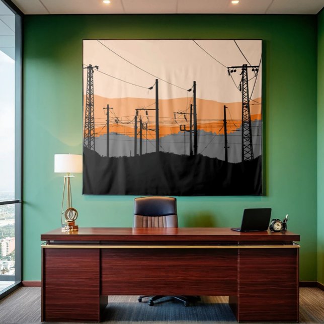 Industrial Sunset Silhouette Power Lines Wandteppich (Von Creator hochgeladen)
