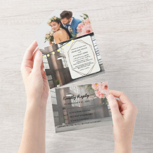 Industrielle Eleganz Moderne schicke Hochzeit All In One Einladung