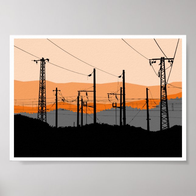 Industrielle Silhouette von Stromleitungen bei Son Poster (Vorne)
