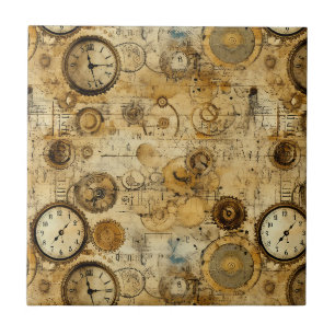 Industrielle Steampunk-Uhr Sepia-Messing Fliese
