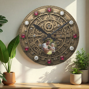 Industrielle Uhr, Familienfoto, Zahnräder, Steampu Runde Wanduhr
