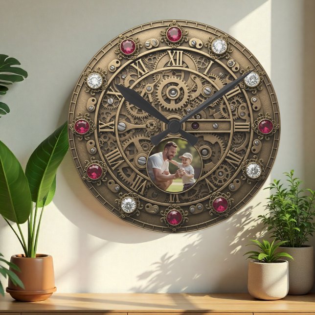 Industrielle Uhr, Foto, Getriebe, Steampunk Runde Wanduhr (Industrial Steampunk Clock with custom photo)