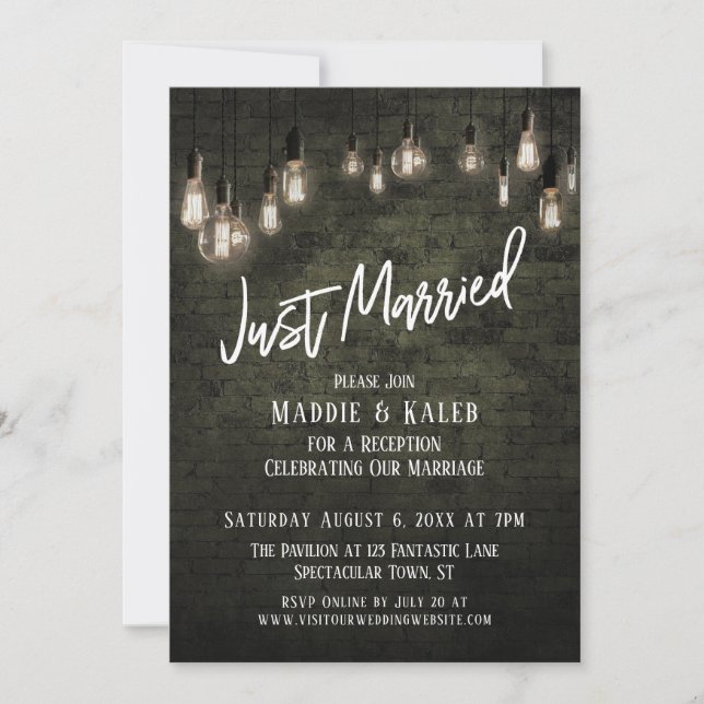 Industriesteine mit Edison Lights Just Married Einladung (Vorderseite)