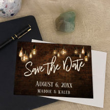 Industriesteine mit Edison Lights Save the Date