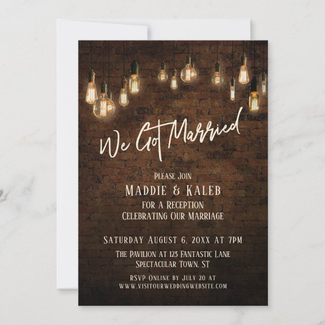 Industriesteine mit Edison Lights Wir Got Verheira Einladung (Vorderseite)