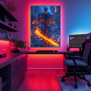 Infernal Cyber Warrior - Neon Fire Samurai Poster