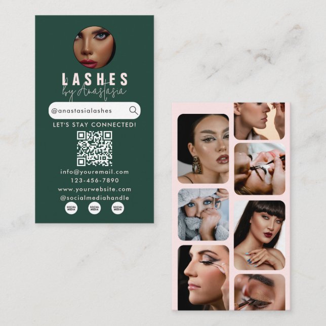 Influencer Beauty Salon Lashes Photos Green Pink  Visitenkarte (Vorne/Hinten)