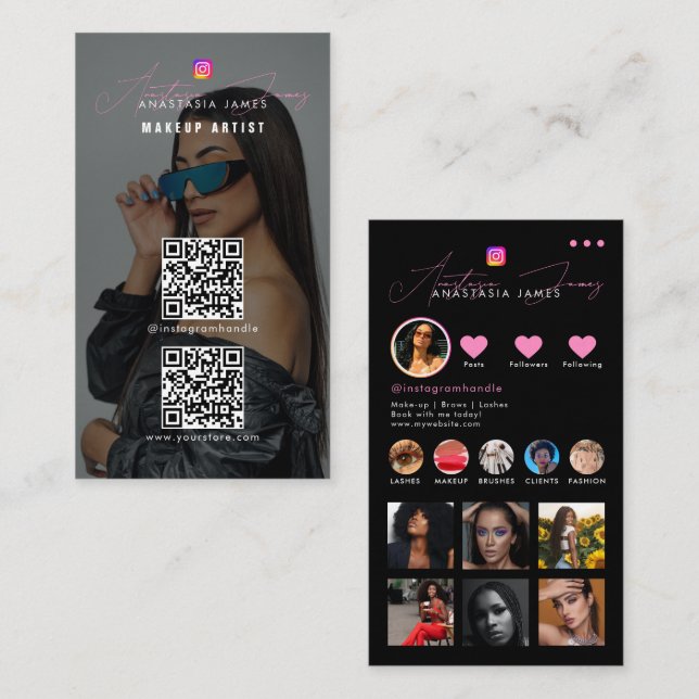 Influencer-Foto Füttre Grid Social Media 2 QR-Code Visitenkarte (Vorne/Hinten)