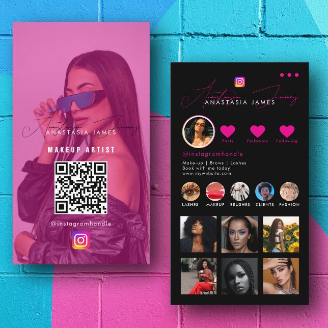 Influencer-Foto Füttre QR-Kodex für soziale Medien Visitenkarte (Influencer Photo Feed Social Media QR Code Pink Business Card)