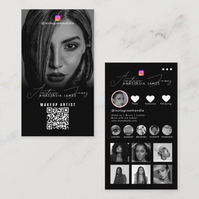 Influencer Photos Black White Social Media QR Code Visitenkarte (Vorne/Hinten)