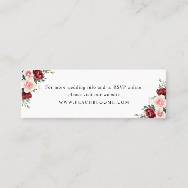 Info-Cards der Burgund Blush Floral Wedding Websit Mini Visitenkarte (Vorderseite)