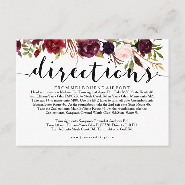Info-Karte für Floral Burgundy Wedding Directions Begleitkarte (Vorderseite)