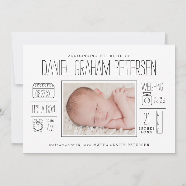 Infographic Birth Announcement for Baby Boy Ankündigung (Vorderseite)