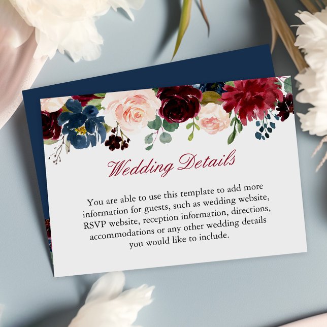 Informationen zu Hochzeiten in Burgundy Red Navy B Begleitkarte (Add essential wedding details such as RSVP info, accommodation options, or directions to the venue.)