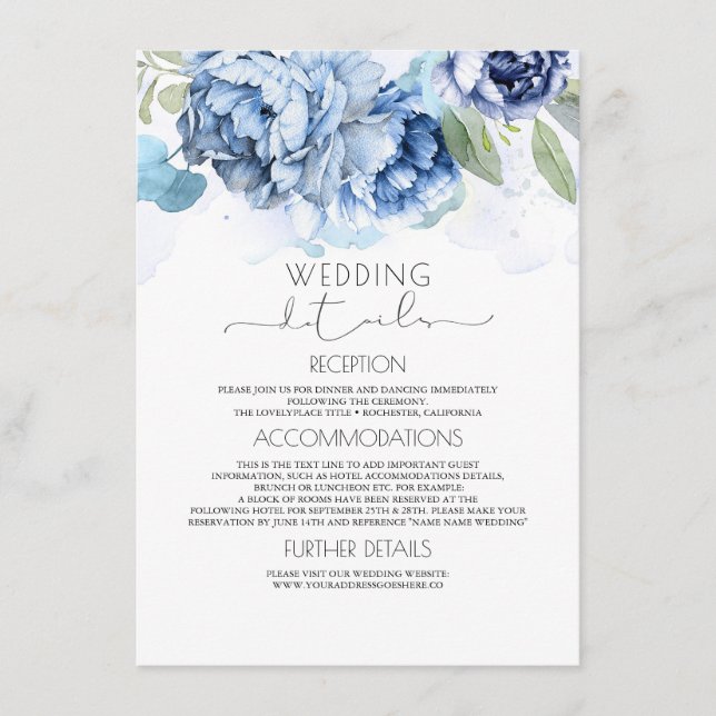 Informationen zu Hochzeiten in Dusty Blue und Navy Begleitkarte (Vorderseite)