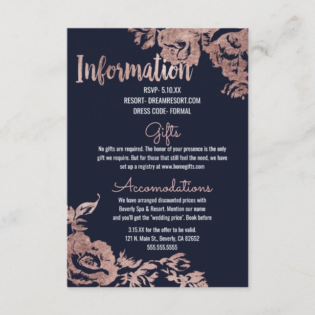 Informationen zu Hochzeiten in Navy Blue und Rose  Begleitkarte (Vorderseite)