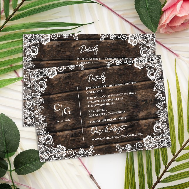 Informationen zu rustikalen Hochzeiten in Holz und Begleitkarte (Rustic Wood and White Lace Wedding Details Info Enclosure Card)
