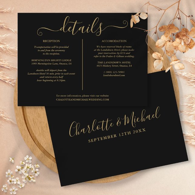 Informationen zu Schwarz-Gold-Script-Hochzeiten Begleitkarte (Black And Gold Script Wedding Details Information Enclosure Card)