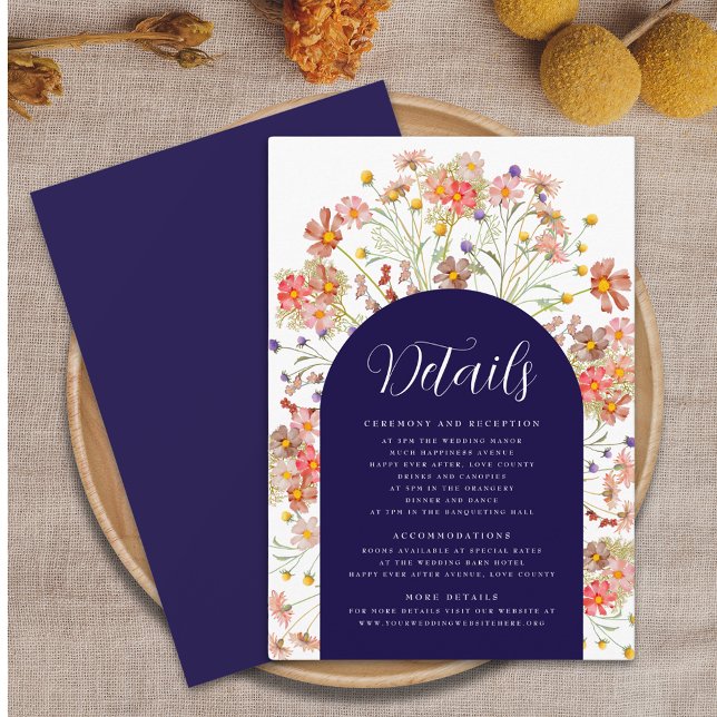 Informationen zur blauen Hochzeit im Herbst von Bo Begleitkarte (Boho rustic floral arch navy blue and white wedding details enclosure card Elegant script fall color)