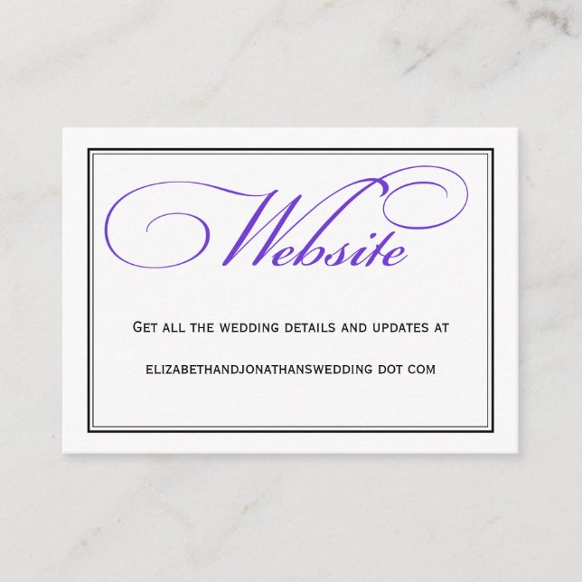 Informationen zur lila kalligraphischen Hochzeitss Begleitkarte (Vorderseite)