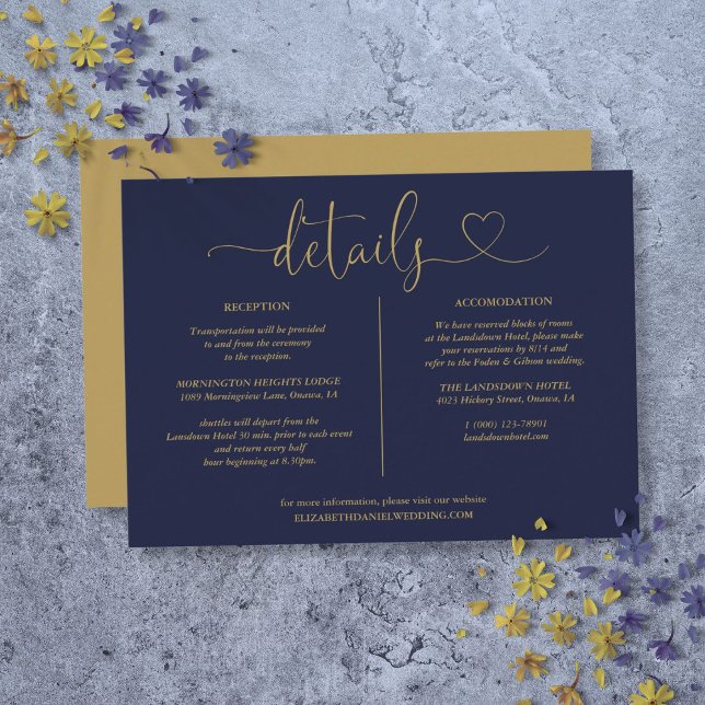 Informationskarte für Navy- und Gold-Script-Detail Einladung (Navy Blue And Gold Script Details Information Card)