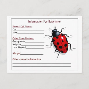 Informationskarten für Babysitter: Ladybug, Kinder Postkarte