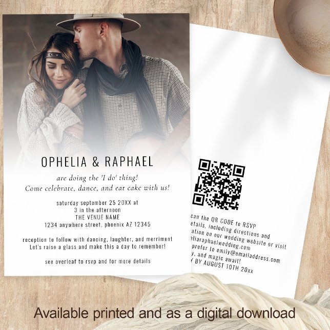 Informelle Foto-Overlay QR-Code-Spaß Hochzeit Einladung (Front and back view)