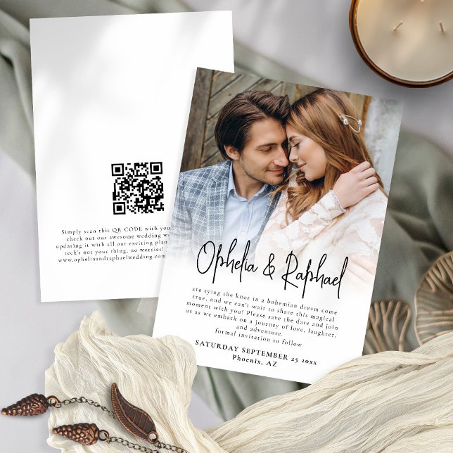 Informelles Foto Overlay Script QR Code Boho Weddi Save The Date (Front and back view)