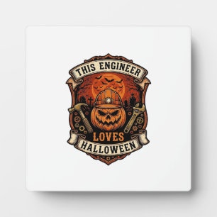 Ingenieur liebt Halloween-Kürbis-Schutzhelm Hammer Fotoplatte