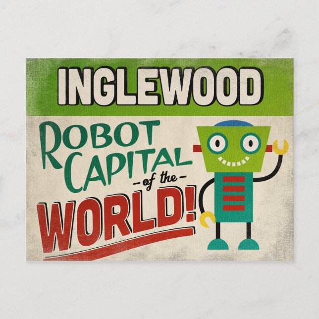 Inglewood California Robot - Funny Vintag Postkarte (Vorderseite)